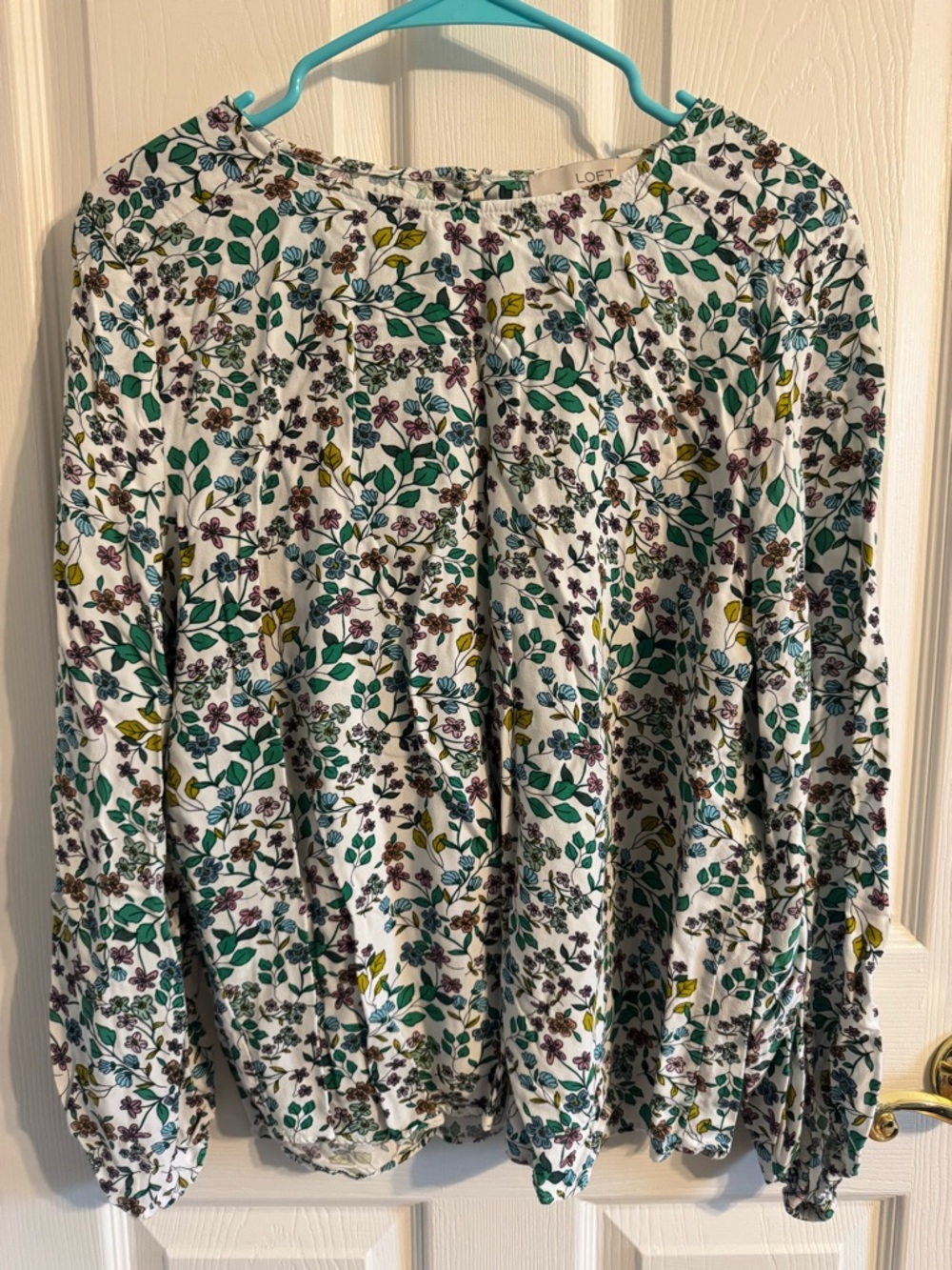 LOFT White Floral Peasant Blouse with Green & Yellow Leaves